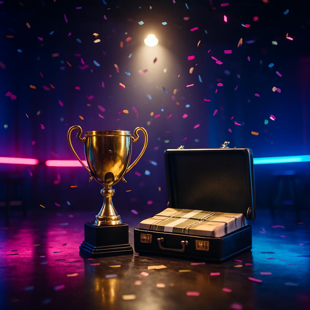 Symbolisches Bild zum Promi Big Brother 2025 Finale: goldener Pokal, Konfetti, TV-Studio-Licht und ein Geldkoffer – ohne Personen