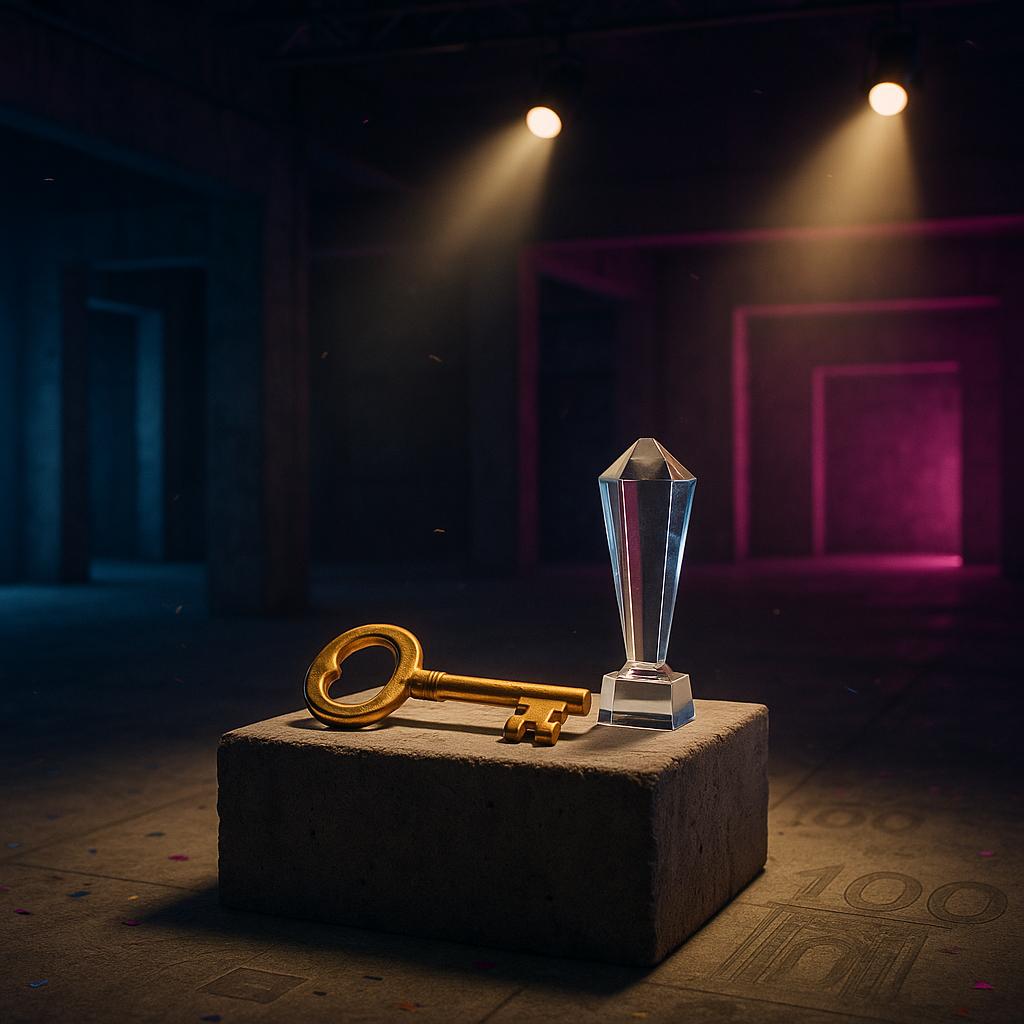 Symbolfoto zum Promi Big Brother Finale 2025: goldener Schlüssel und Acryl-Trophäe im rohbauartigen TV-Set mit Scheinwerferlicht, ohne Personen