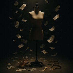 Symbolisches Foto ohne Personen: Modepuppe auf dunklem Laufsteg, gekippte Krone, fallende Geldscheine und Kassenbons – Hinweis auf Rihannas 36-Millionen-Dollar-Verlust mit Fenty