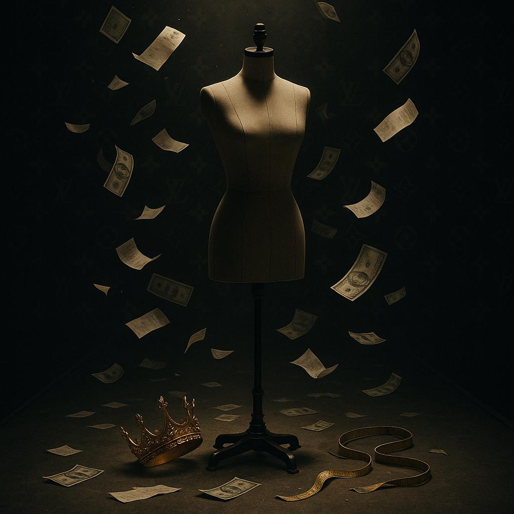 Symbolisches Foto ohne Personen: Modepuppe auf dunklem Laufsteg, gekippte Krone, fallende Geldscheine und Kassenbons – Hinweis auf Rihannas 36-Millionen-Dollar-Verlust mit Fenty