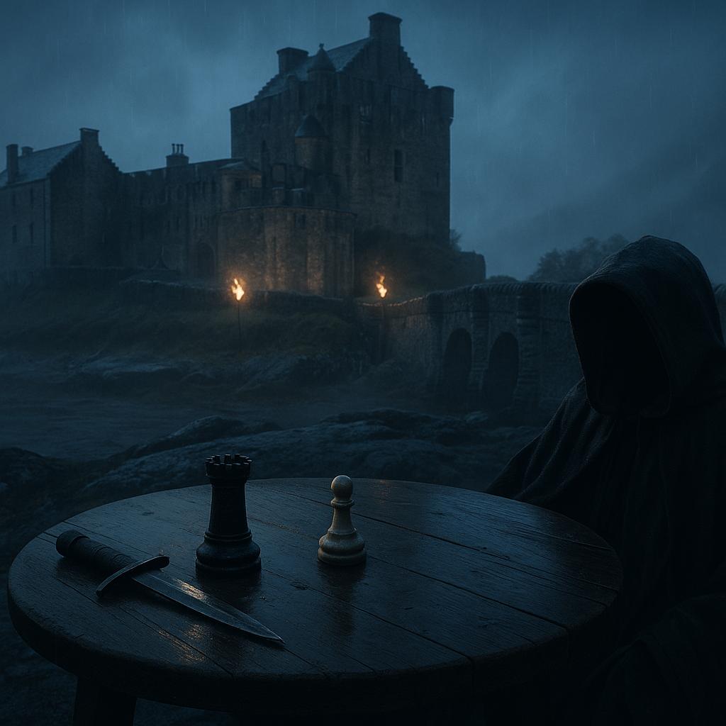 Symbolisches Bild für den Start von Celebrity Traitors: nächtliche Burg in den Highlands mit Schachfiguren, Nebel und geheimnisvoller Stimmung