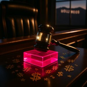 Symbolbild zur Verleumdungsklage gegen Ray J: Richterhammer auf pinkem Glamour-Sockel, Glitzerkonfetti, Paparazzi-Blitze und Hollywood-Silhouette im Hintergrund