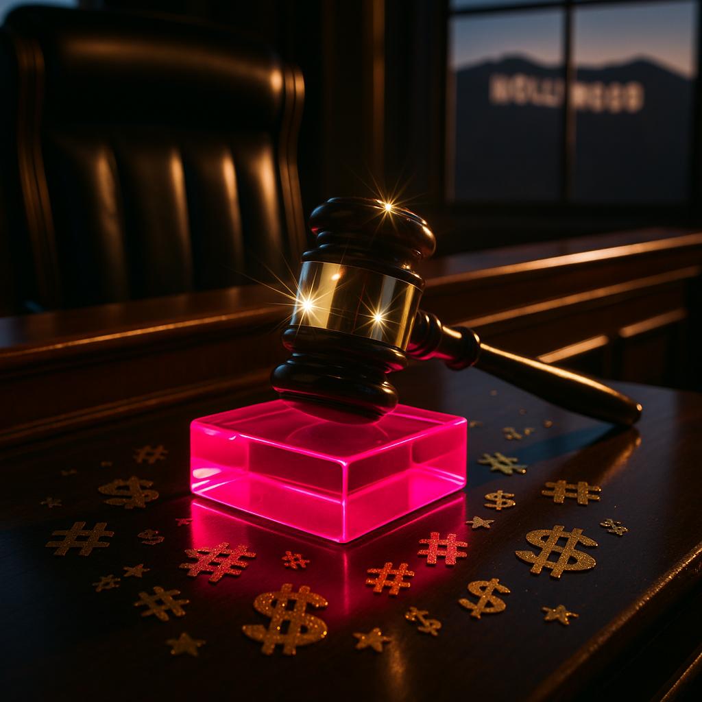 Symbolbild zur Verleumdungsklage gegen Ray J: Richterhammer auf pinkem Glamour-Sockel, Glitzerkonfetti, Paparazzi-Blitze und Hollywood-Silhouette im Hintergrund