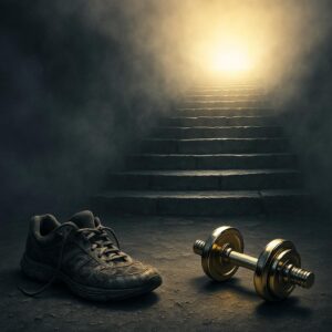 Visualisierung einer Transformation: Von alten Sportschuhen zu glänzenden Hanteln auf einer Treppe ins Licht