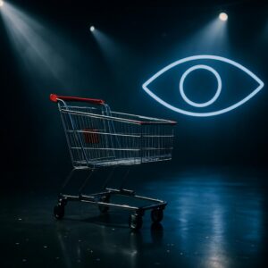 Leerer Einkaufswagen unter Studio-Scheinwerfern als Symbol für den Exit bei Promi Big Brother 2025 und die Entscheidung von Sarah‑Jane Wollny