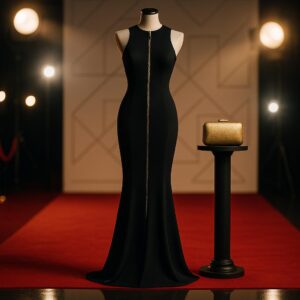 Elegantes schwarzes Abendkleid mit sichtbarem Reißverschluss auf Dressform, goldene Clutch, roter Teppich, Studiolicht – inspiriert vom Auftritt bei den InStyle Imagemaker Awards 2025