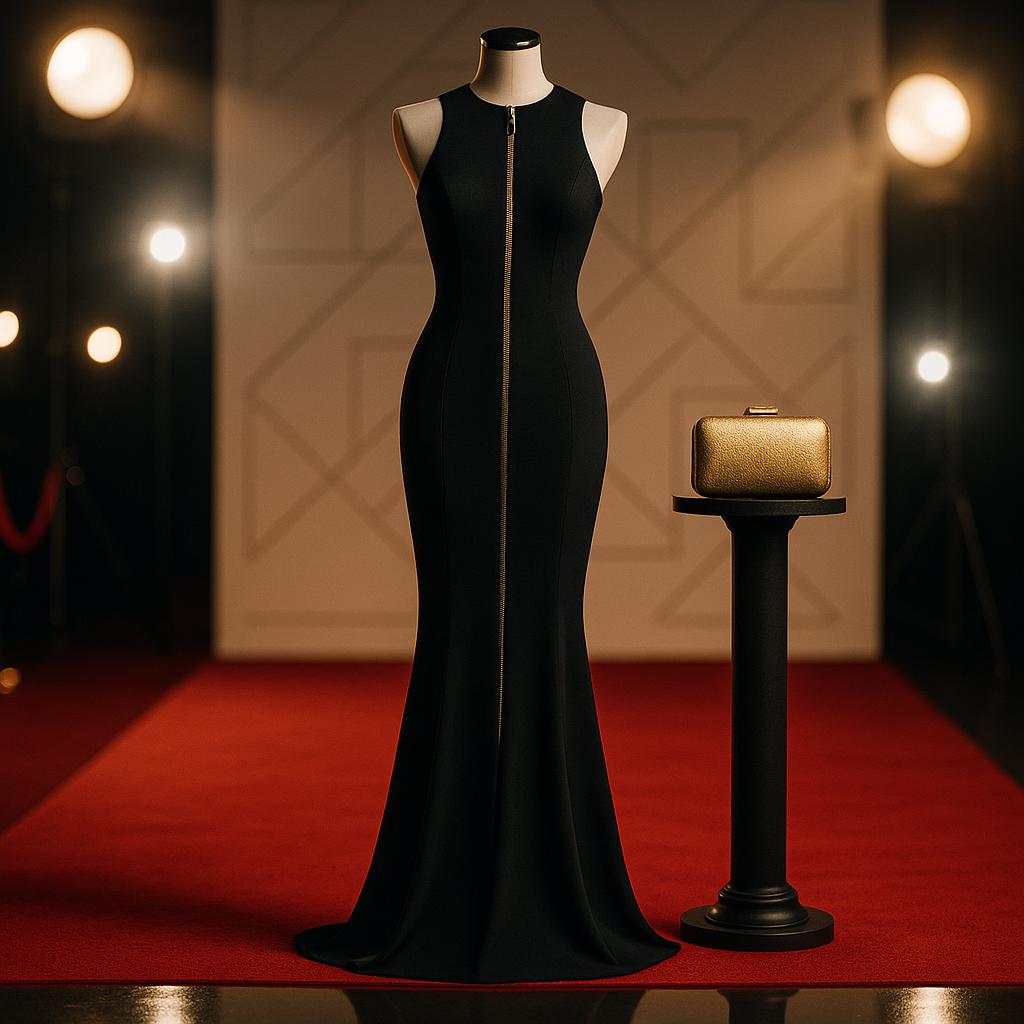 Elegantes schwarzes Abendkleid mit sichtbarem Reißverschluss auf Dressform, goldene Clutch, roter Teppich, Studiolicht – inspiriert vom Auftritt bei den InStyle Imagemaker Awards 2025