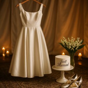Symbolisches Stillleben zur Selena-Gomez-Hochzeit: weißes Satin-Midi-Kleid, Lilien-des-Tals, einfache „Just Married“-Torte und Kerzenlicht – elegante Vintage-Atmosphäre ohne Personen