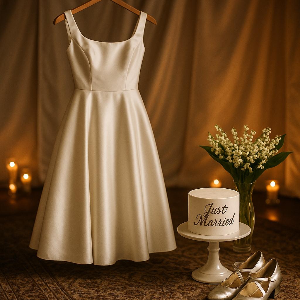 Symbolisches Stillleben zur Selena-Gomez-Hochzeit: weißes Satin-Midi-Kleid, Lilien-des-Tals, einfache „Just Married“-Torte und Kerzenlicht – elegante Vintage-Atmosphäre ohne Personen