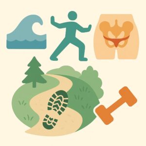 Illustration mit Symbolen für Schwimmen, Tai-Chi, Beckenbodentraining, Spazieren und Krafttraining zur Gesundheitsförderung