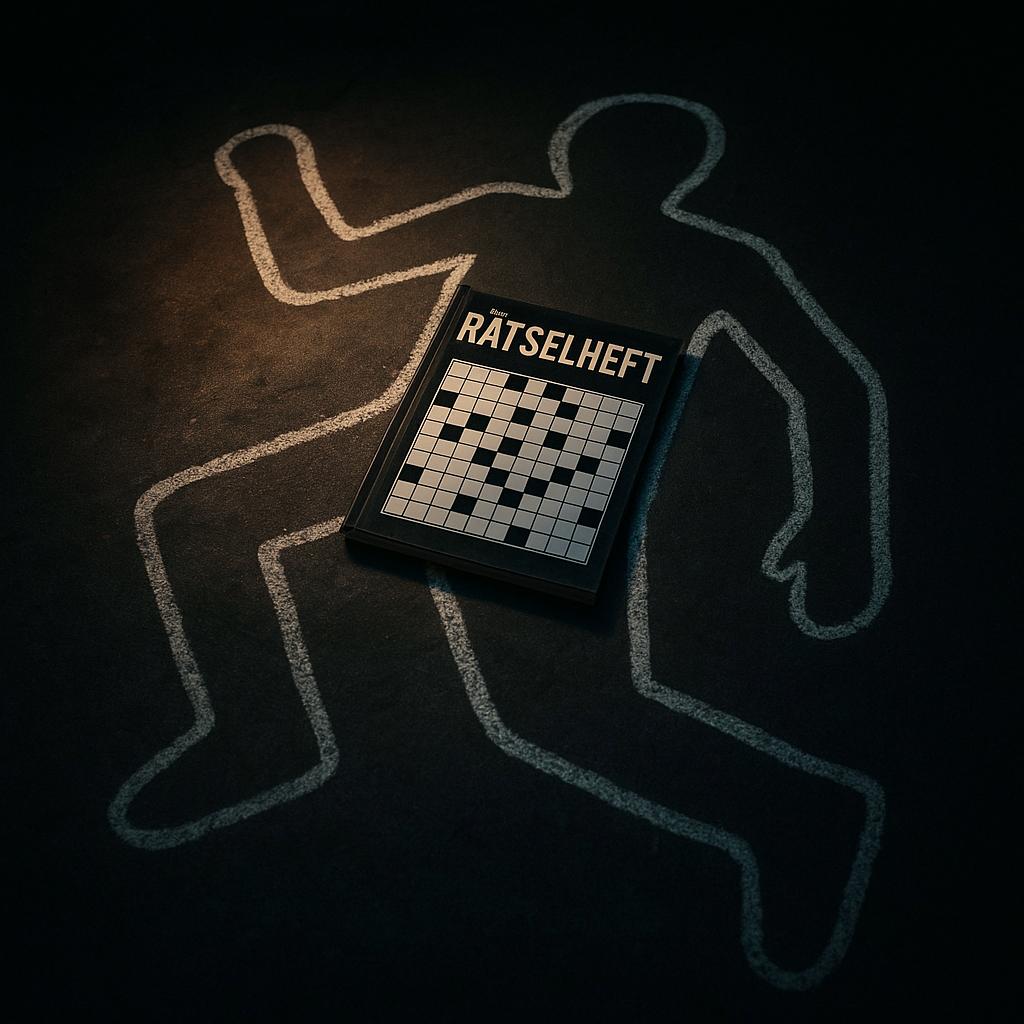 Symbolbild mit Rätselheft und Tatortmarkierungen – Verbindung von Krimi und Quizshow