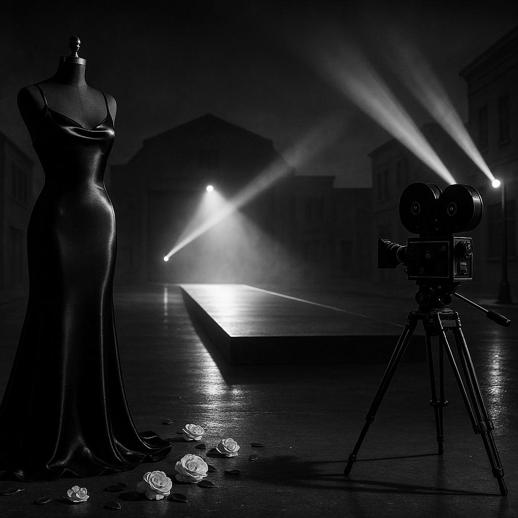 Symbolisches Bild zu Nicole Kidman bei Vogue World 2025: leere Runway-Bühne, 1940er-Filmkamera, schwarze Satinrobe-Silhouette und Camelia-Blüten, ohne Personen