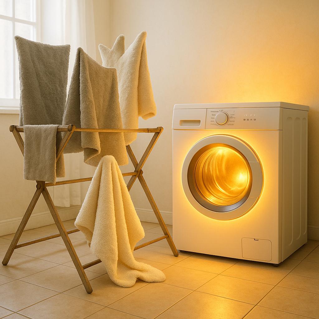 Wäschetrockner neben Wäscheständer mit steifen Handtüchern und knittriger Bettwäsche – Symbolbild fürs Alltagstrocknungsdilemma