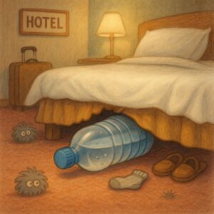 Wasserflasche unter dem Hotelbett als Vorteil beim Einchecken entdecken