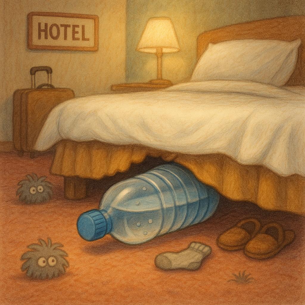 Wasserflasche unter dem Hotelbett als Vorteil beim Einchecken entdecken