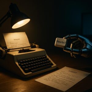 Symbolbild zur Emma-Thompson-KI-Debatte: Schreibmaschine im Warmlicht gegen kühle Roboterhand mit ‚Rewrite?‘-Taste