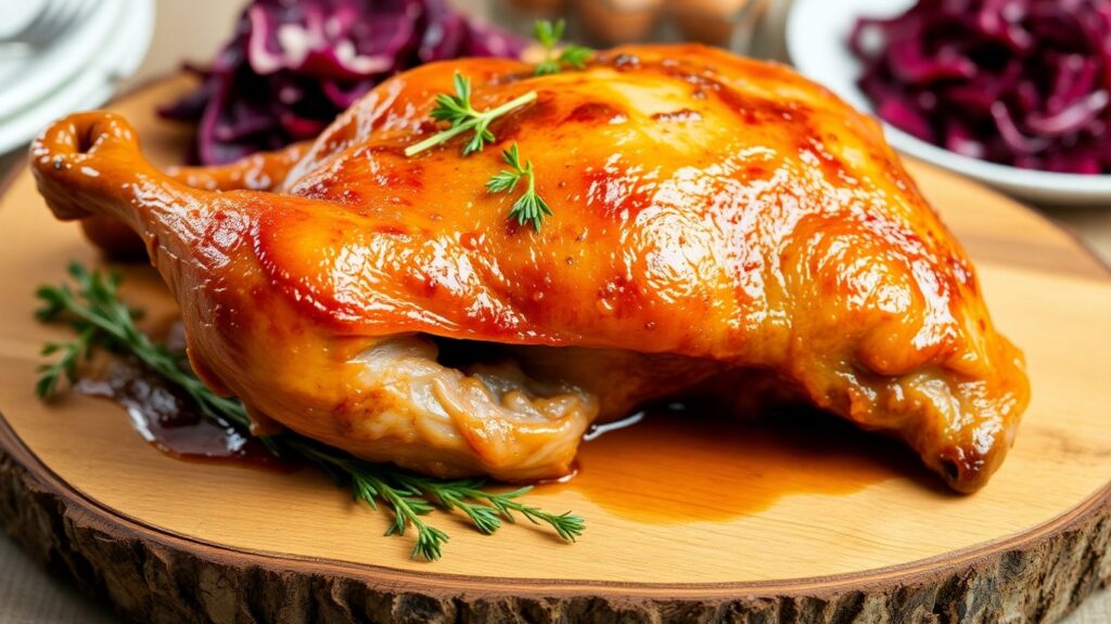 Gebratene Gänsekeule mit Beilagen auf Holzteller