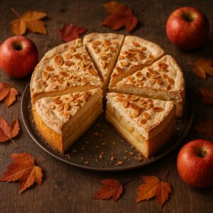 Leckere Apfel-Baiser-Torte mit knusprigem Mandel-Baiser und herbstlicher Apfelfüllung auf Holztisch