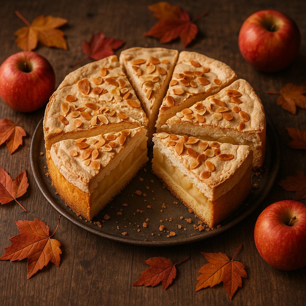 Leckere Apfel-Baiser-Torte mit knusprigem Mandel-Baiser und herbstlicher Apfelfüllung auf Holztisch