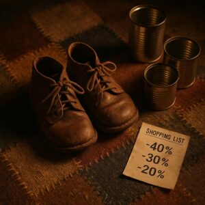 Ein Paar abgetragene Kinderschuhe auf einem alten Teppich – Symbol für Kinderarmut