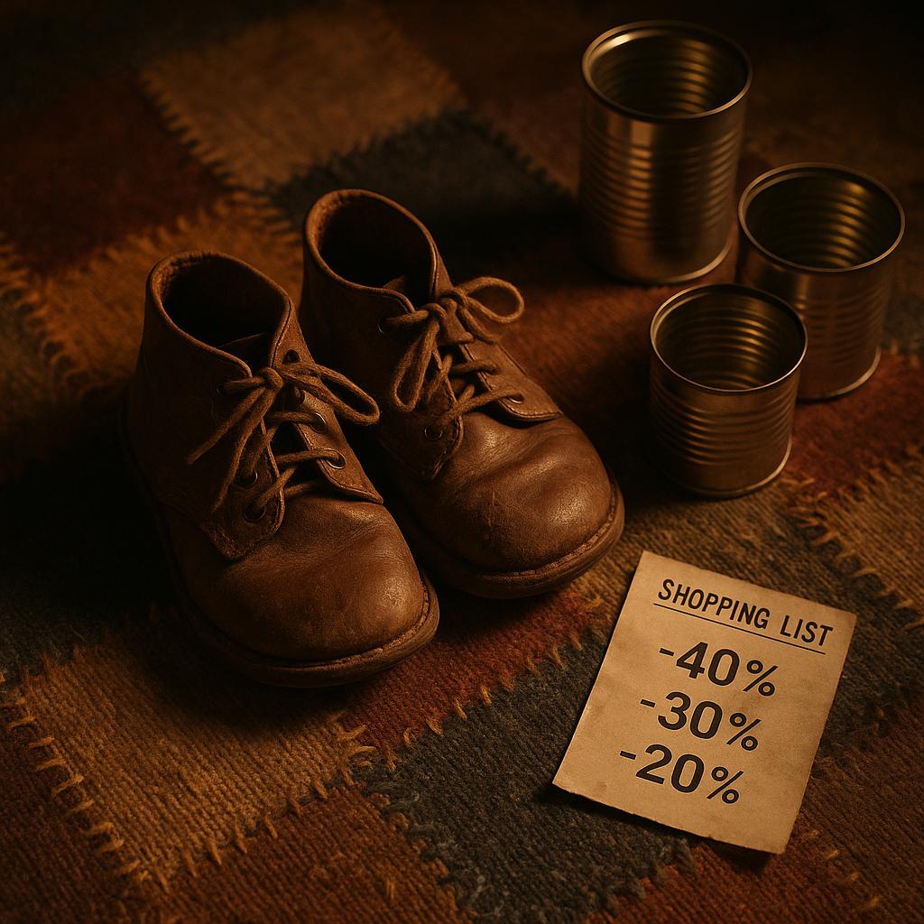 Ein Paar abgetragene Kinderschuhe auf einem alten Teppich – Symbol für Kinderarmut