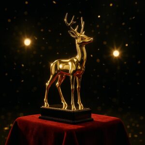 Symbolbild: Goldenes BAMBI-Reh auf rotem Teppich mit Studiolichtern – Bambi-Verleihung 2025 in München, Prime-Video-Livestream