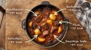 BBQ-Gulaschtopf im Dutch Oven auf Holztisch