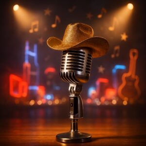 Symbolisches Bild zu den CMA Awards 2025: goldener Cowboyhut auf Vintage-Mikrofon vor Nashville-Neonkulisse, ohne Personen