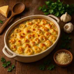 Ofen Tortellini mit goldbrauner Käsekruste auf rustikalem Küchentisch serviert