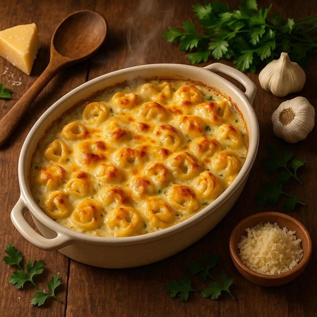 Ofen Tortellini mit goldbrauner Käsekruste auf rustikalem Küchentisch serviert