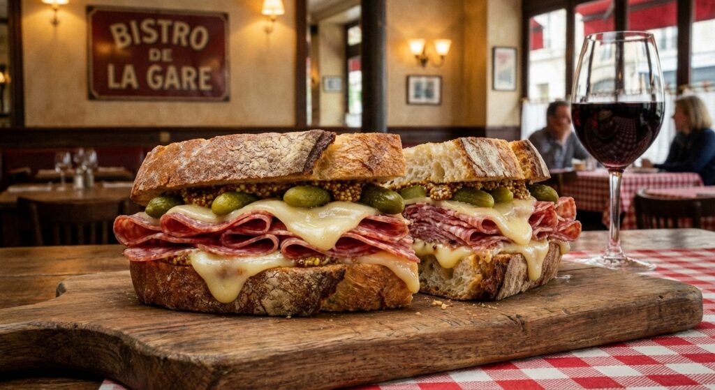 Ein knuspriges Croque Aoste Sandwich mit Salami und geschmolzenem Käse auf einem Holzbrett