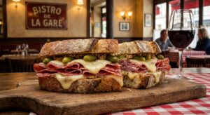 Ein knuspriges Croque Aoste Sandwich mit Salami und geschmolzenem Käse auf einem Holzbrett