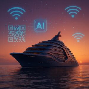 Modernes Kreuzfahrtschiff mit digitalen Symbolen auf hoher See, Symbolbild für Digitalisierung