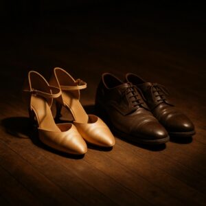 Symbolbild: Zwei Tanzschuhe im warmen Licht auf Bühne – symbolisch für die Kessler-Zwillinge