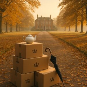 Symbolisches Bild: georgianisches Landhaus in Windsor mit Umzugskartons im Vordergrund – Umzug von Prinz William und Prinzessin Kate in die Forest Lodge, herbstliche Szene, ohne Personen