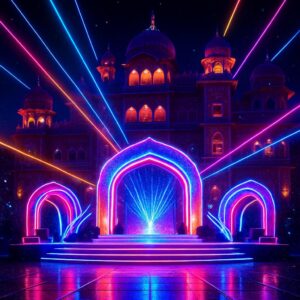 futuristische Bühne mit Neonlicht vor indischem Palast bei Nacht