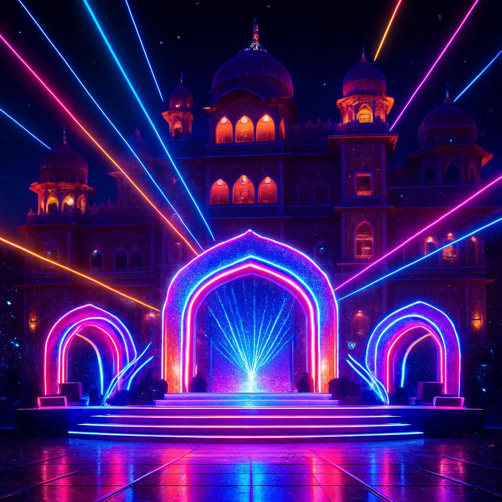 futuristische Bühne mit Neonlicht vor indischem Palast bei Nacht