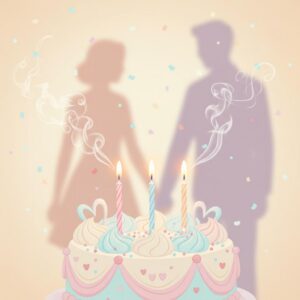 Symbolischer Geburtstagskuchen mit Schatten zweier Personen im Hintergrund, zeigt romantische gesto der Nähe ohne Gesichter