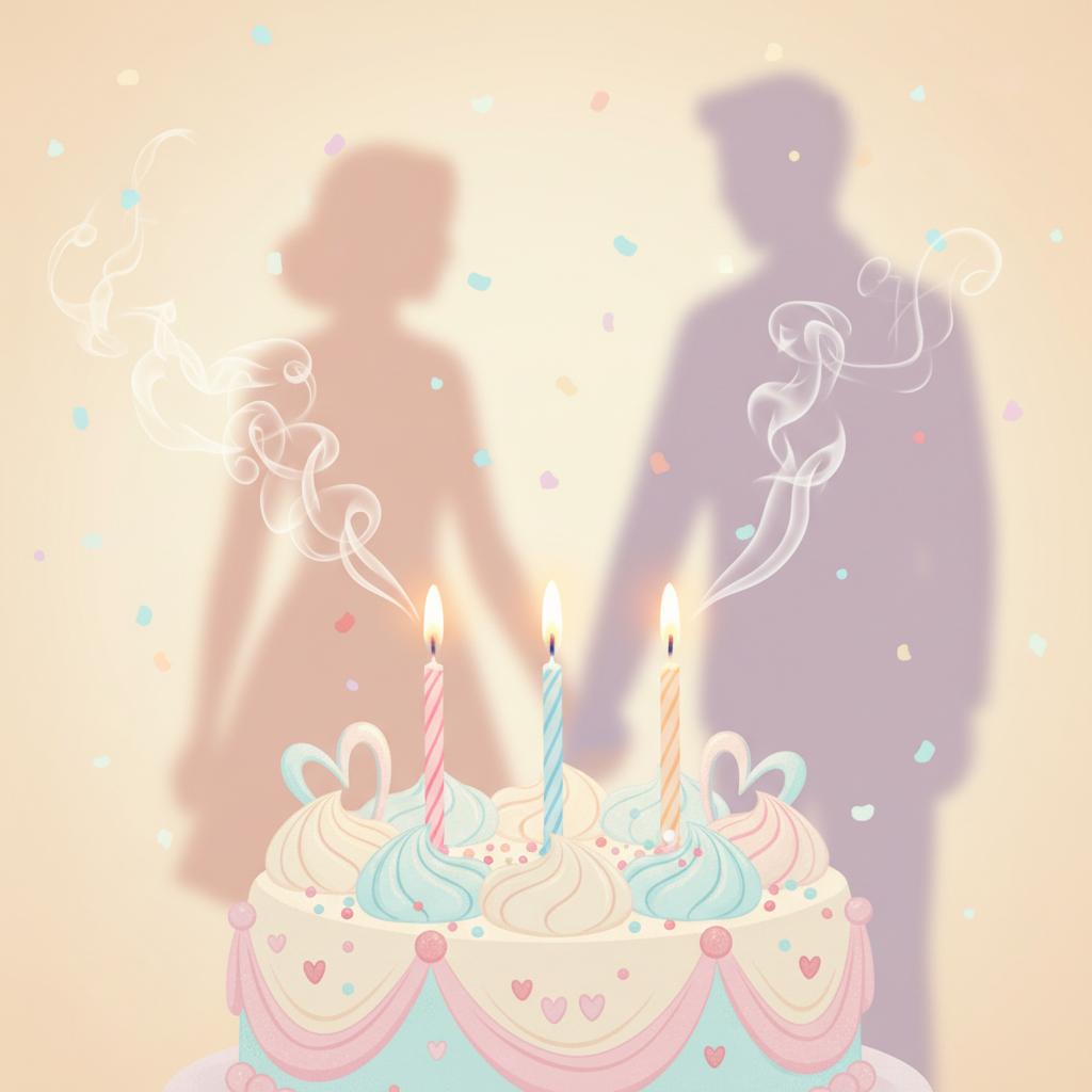 Symbolischer Geburtstagskuchen mit Schatten zweier Personen im Hintergrund, zeigt romantische gesto der Nähe ohne Gesichter