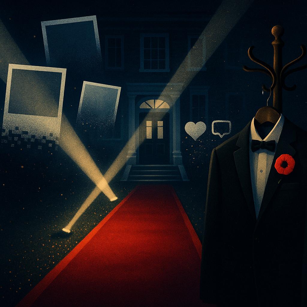 Symbolbild: Roter Teppich vor Villa, verblassende Polaroids und pixelnde Social-Media-Icons – Erklärung, warum Meghan und Harry aus Kardashian-Posts gelöscht wurden