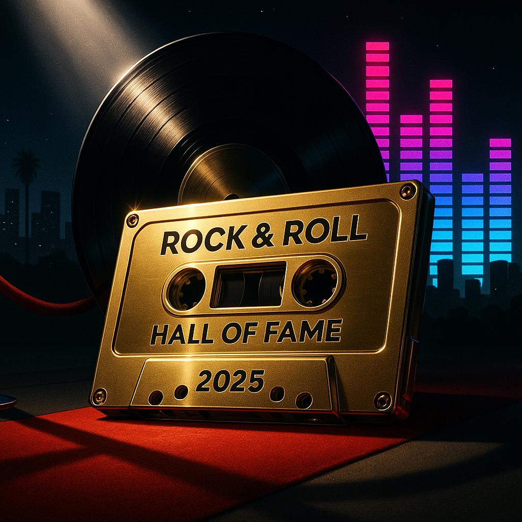 Symbolisches Bild: goldene Kassette vor Vinyl und Neon‑Equalizer als Hommage an die Rock & Roll Hall of Fame 2025