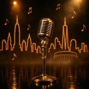 Symbolisches Foto: Goldenes Mikrofon auf Bühne mit Spotlight und NYC‑Silhouette – Mary J. Blige Konzertfilm For My Fans im Kino