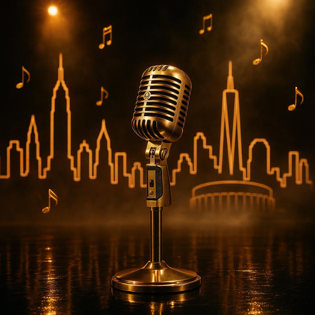 Symbolisches Foto: Goldenes Mikrofon auf Bühne mit Spotlight und NYC‑Silhouette – Mary J. Blige Konzertfilm For My Fans im Kino