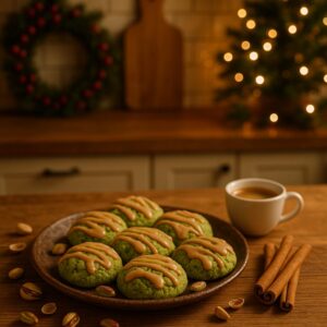 Zart-mürbe Biscotti al Pistacchio mit brauner Butterglasur auf weihnachtlichem Holztisch