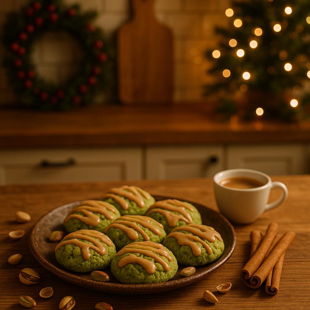 Zart-mürbe Biscotti al Pistacchio mit brauner Butterglasur auf weihnachtlichem Holztisch