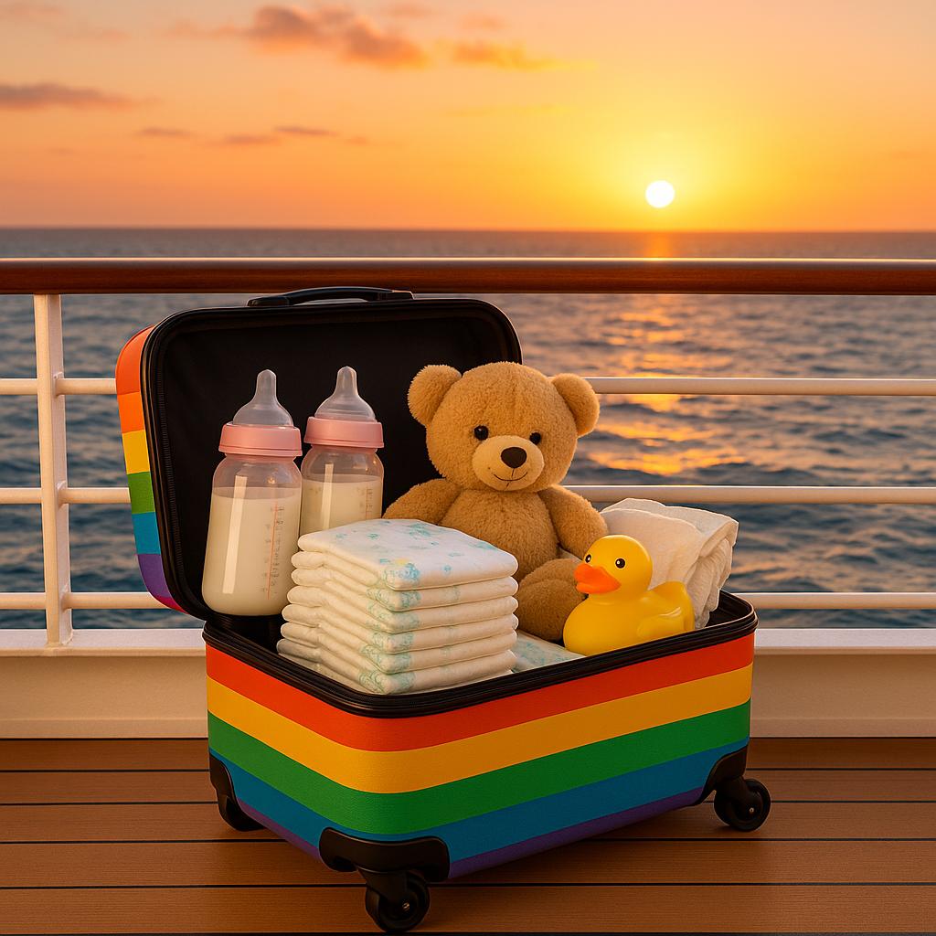 Symbolbild für Kreuzfahrt mit Baby: Koffer mit Babyausstattung auf Schiffsbalkon