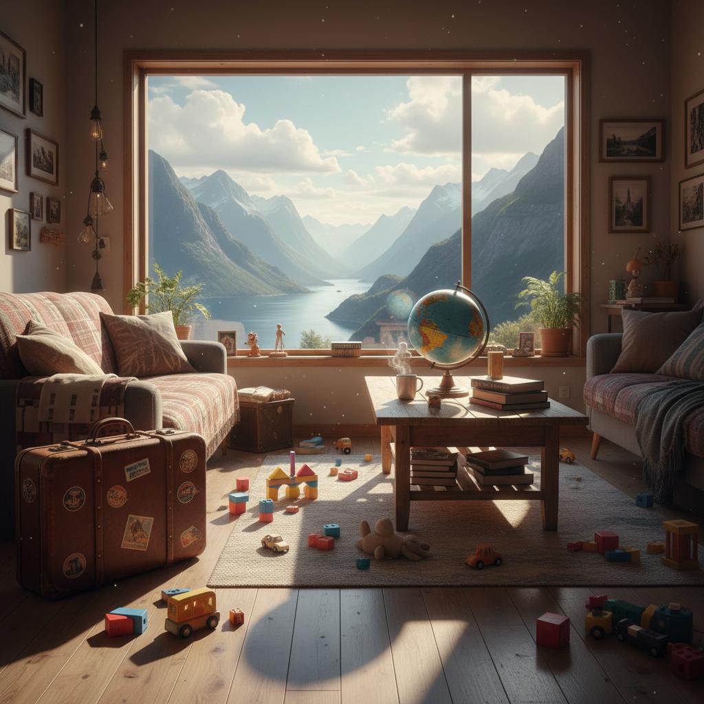 Symbolisches Bild zu einer ungewöhnlichen Familienkonstellation mit Wohnzimmer, Koffer und Fjordblick