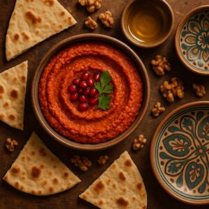 Muhammara Paprika-Walnuss-Dip mit Garnitur auf orientalischem Teller angerichtet