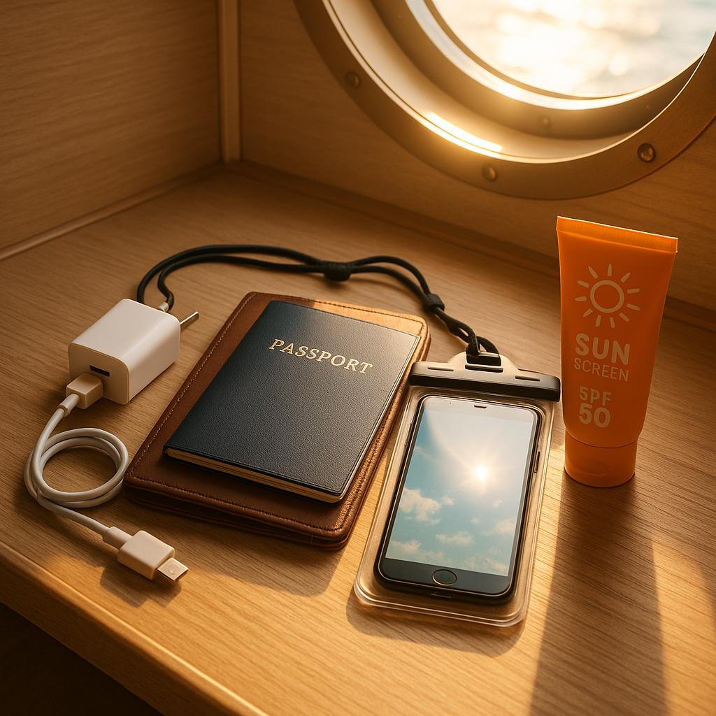 Symbolbild zeigt praktische Reise-Gadgets wie Ladegerät, wasserdichte Hülle und Organizer für eine stressfreie Kreuzfahrt