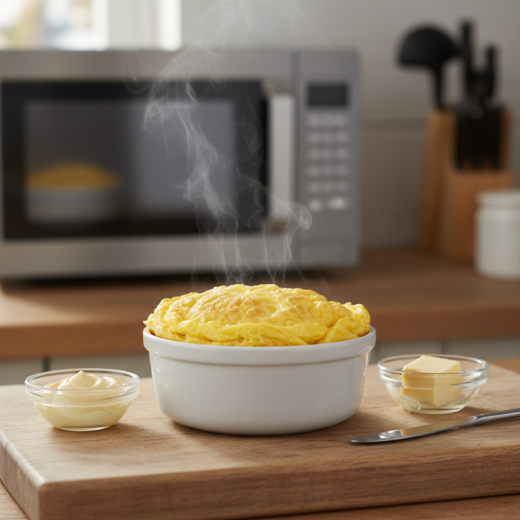 Ein Omelett direkt aus der Mikrowelle, serviert mit Mayonnaise und Butter auf einem Holzbrett